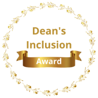 Logo with 'Dean's Inclusion' wording in gold lettering, gold banner underneath with 'Award' overlaid  in white, surrounded by gold wreath