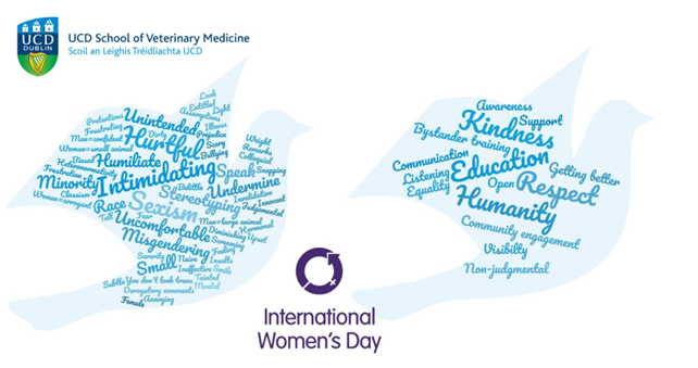 poster with UCD School of Veterinary Medicine/Scoil an Leighis Tréidliachta badge and International Womens day symbol in purple. Two pale blue dove shapes with wordclouds of positive and negative words