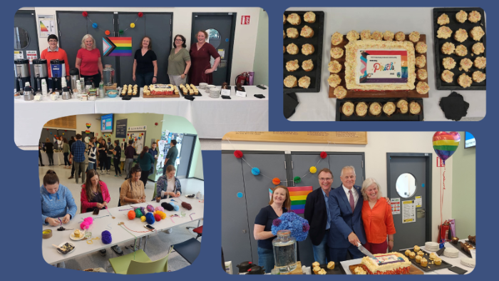 4 images from event with photos of committee members, cake with pride flag on it, group making bracelets from wool and Dean of school cutting a slice of cake with Athena SWAN co-chairs and Student advisor
