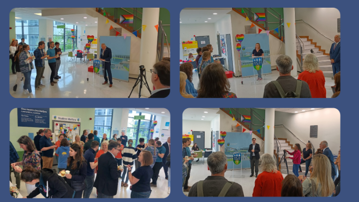 4 images from Pride event: Prof Michael Doherty, Dr. Niamh Nestor and Prof. Colin Scott speaking to crowd. Another image of the crowd mingling