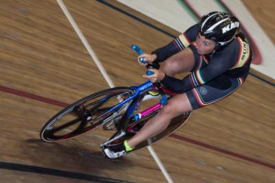 Susie Mitchell competing in track cycling