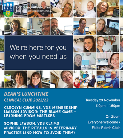 Clinical Club poster showing staff from the Veterinary Defence Society at computers with the VDS logo and 'we're here for you when you need us' over the image