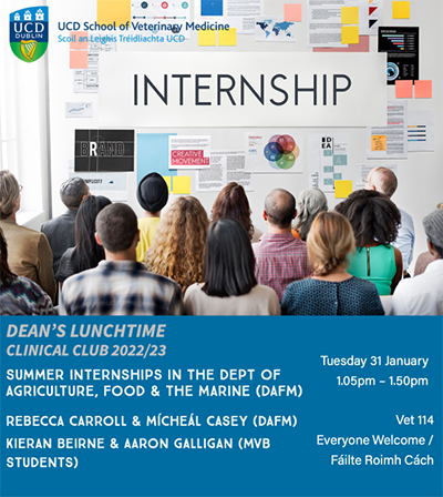 Image of a group of people looking at information displayed on a wall. The word Internship is written over the image
