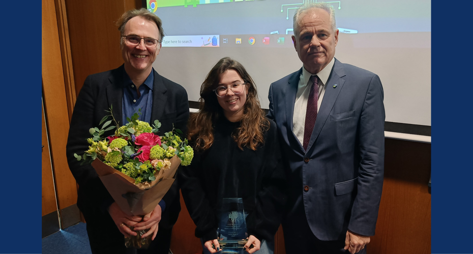 Photo of Lorna Murphy (centre) receiving the Dean's Inclusion Award 2022 from Professor Steve Gordon (left) and Professor Michael Doherty (right)