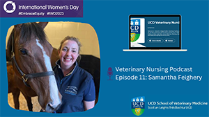 Vet Nurse Samantha Feighery pictured standing with a horse on a flyer for the Vet Nursing podcast for International Women's Day
