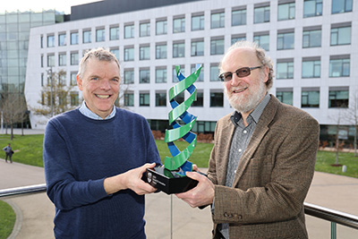 Professor Stefan Oscarson on the left and Professor Stephen Carrington on the right holding their UCD Nova Innovation award between them