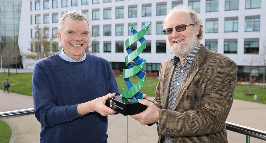 Professor Stefan Oscarson and Professor Stephen Carrington pictured holding the 2023 NovaUCD Innovation Award