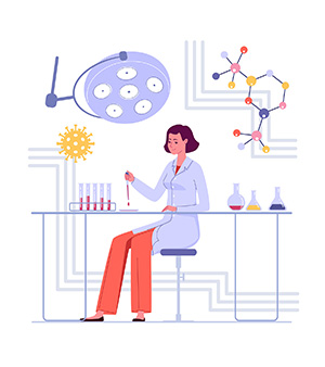 Graphic of scientist sitting at desk carrying out lab work