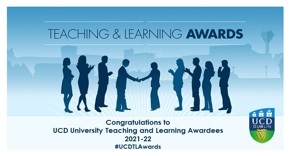 UCD Teaching and Learning Awards graphic showing silhouettes of someone receiving an award and people clapping