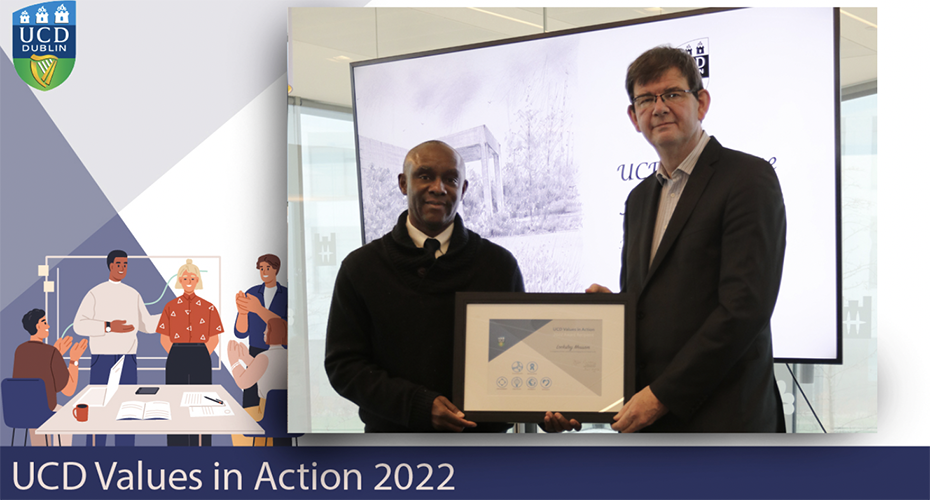 Dr Locksley Messam (on the left) receiving a UCD Values in Action award from Professor Mark Rogers (on the right)