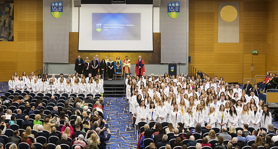 Photo of the Veterinary Medicine and Veterinary Nursing Classes of 2024 at their White Coat Ceremony in UCD's O'Reilly Hall on 9 March 2023