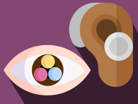 Graphic of eye with color blindness and an ear with a hearing aid